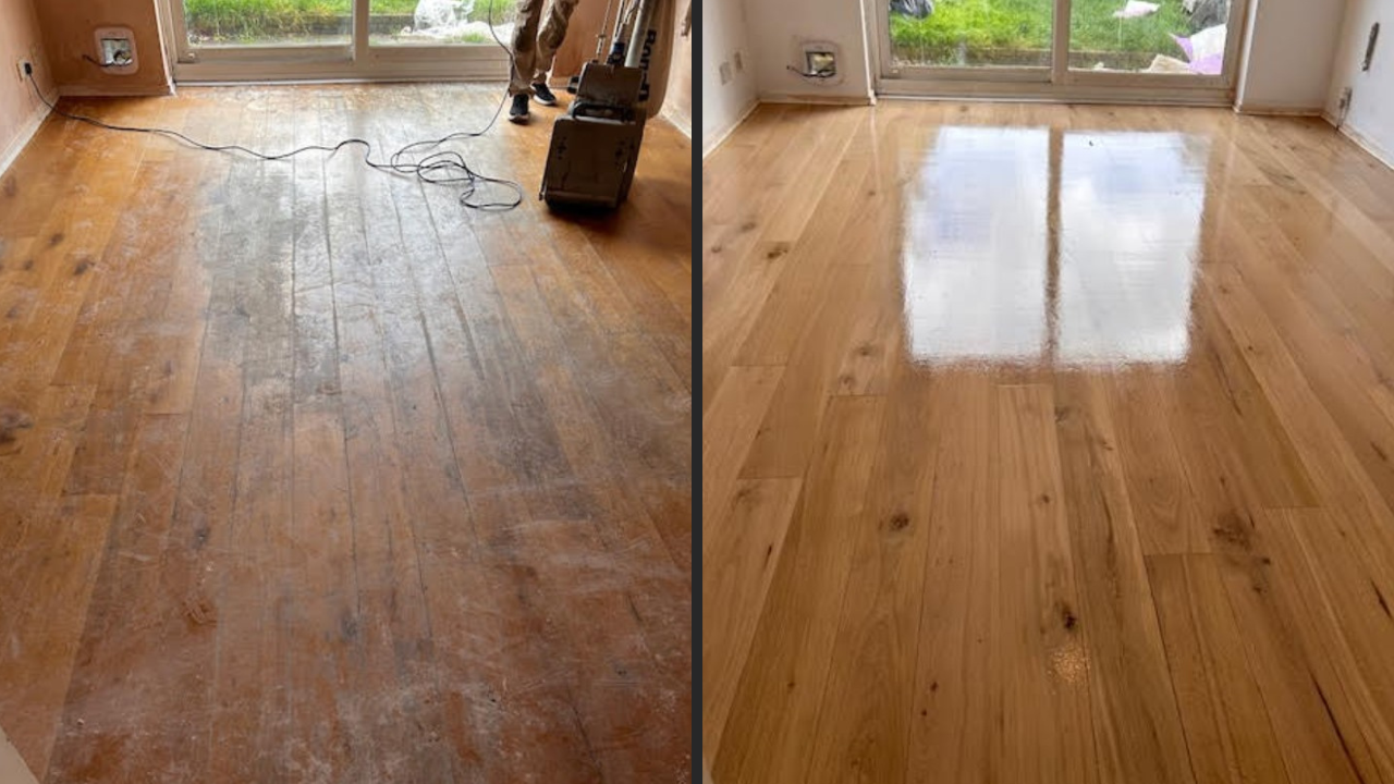 Before and after comparison of wood floor sanding, showing a worn and dull wooden floor on the left and a beautifully restored, polished wooden floor on the right.