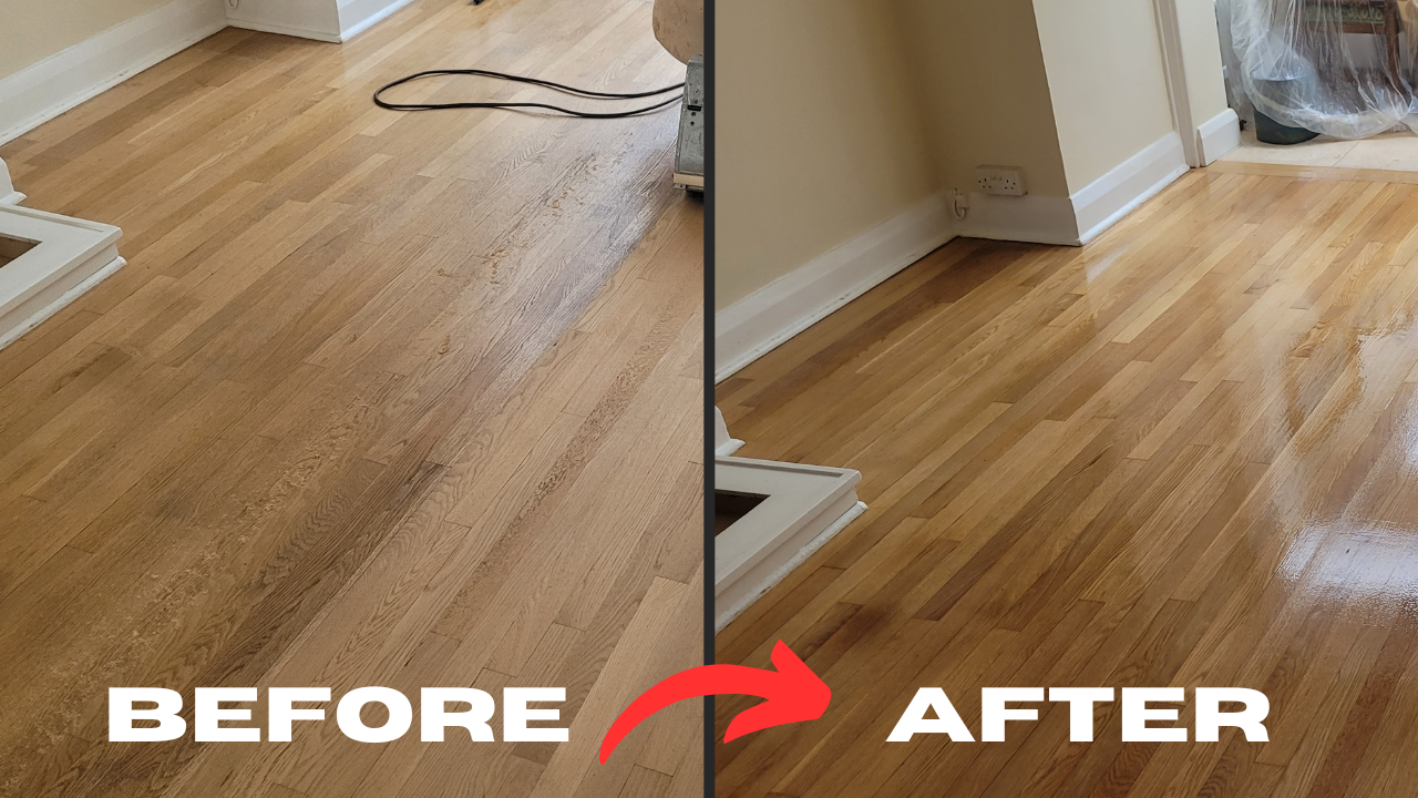 Best Time to Sand Floors – Finchley oak strip hardwood floor before-and-after sanding and sealing, showing restored colour and sheen.