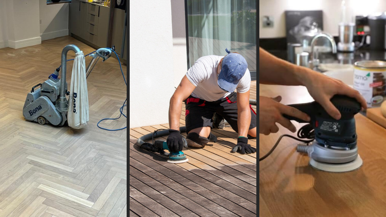 Parquet Floor Sanding in Finchley showing oak herringbone parquet floor sanding alongside deck sanding and wooden worktop refinishing.