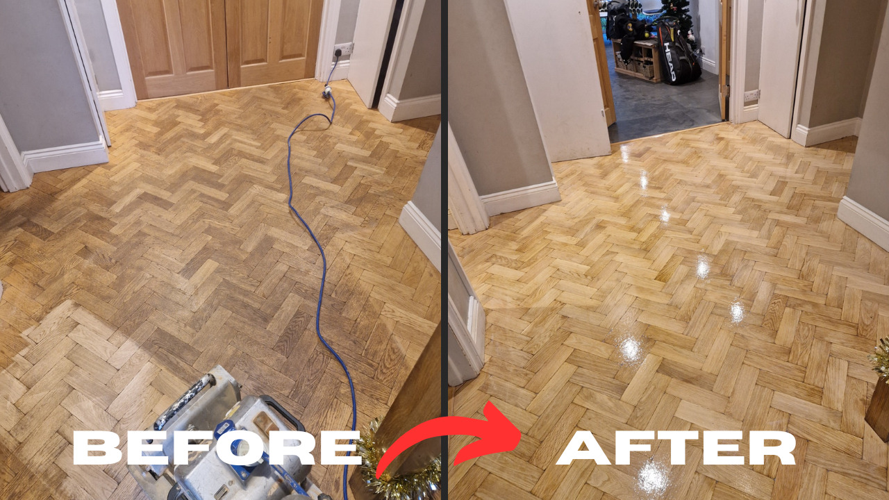 Before and after Parquet Floor Sanding in Finchley on an oak herringbone parquet hallway floor, showing the transformation from dull and worn to bright and glossy.