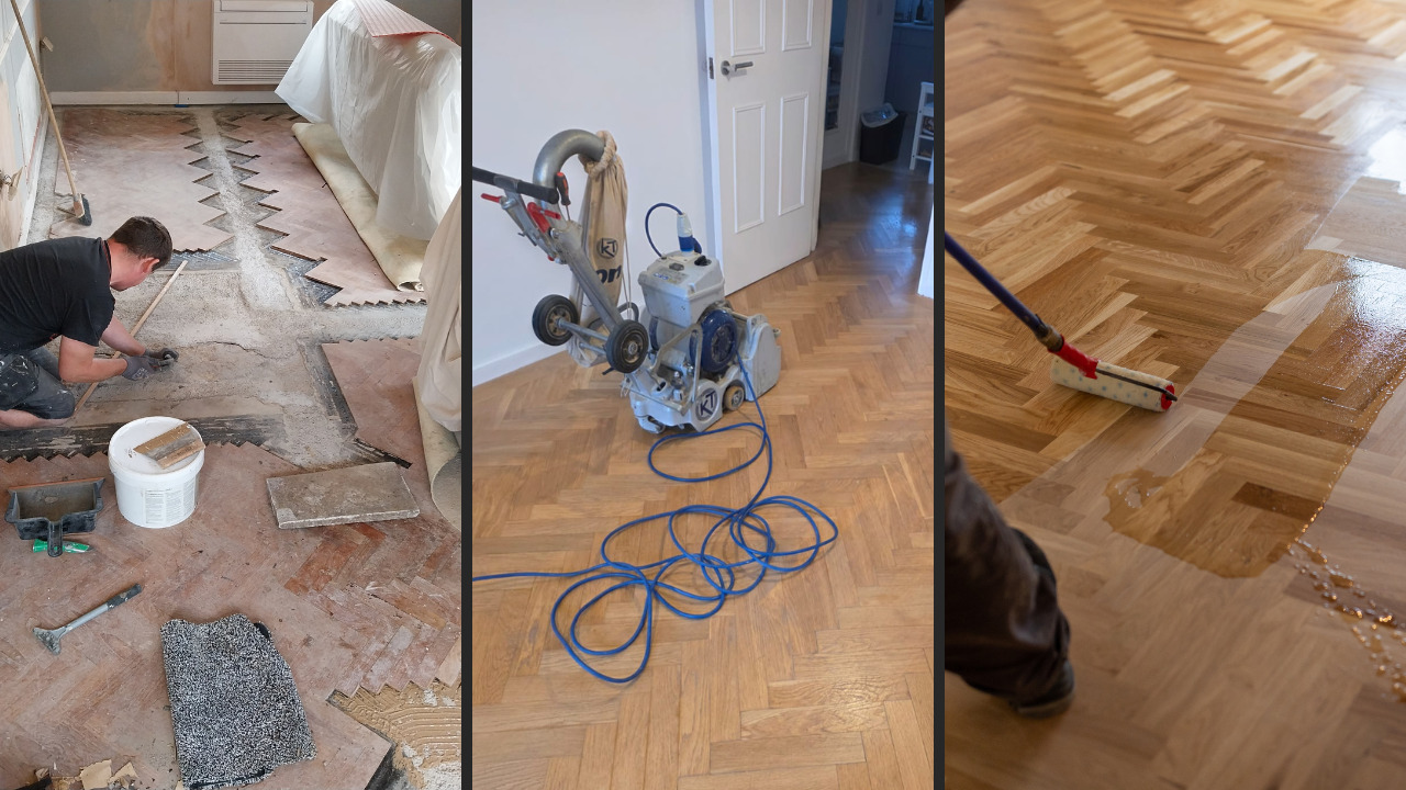 Parquet Floor Sanding in Finchley showing oak herringbone parquet repair, sanding and varnishing stages during full restoration.