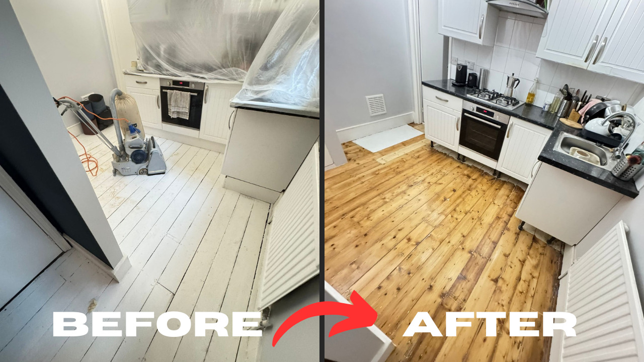 Wood Floor Sanding in Finchley – before and after of a kitchen with painted white pine floorboards restored to natural sanded and sealed pine boards, showing the dramatic transformation of the wooden floor.