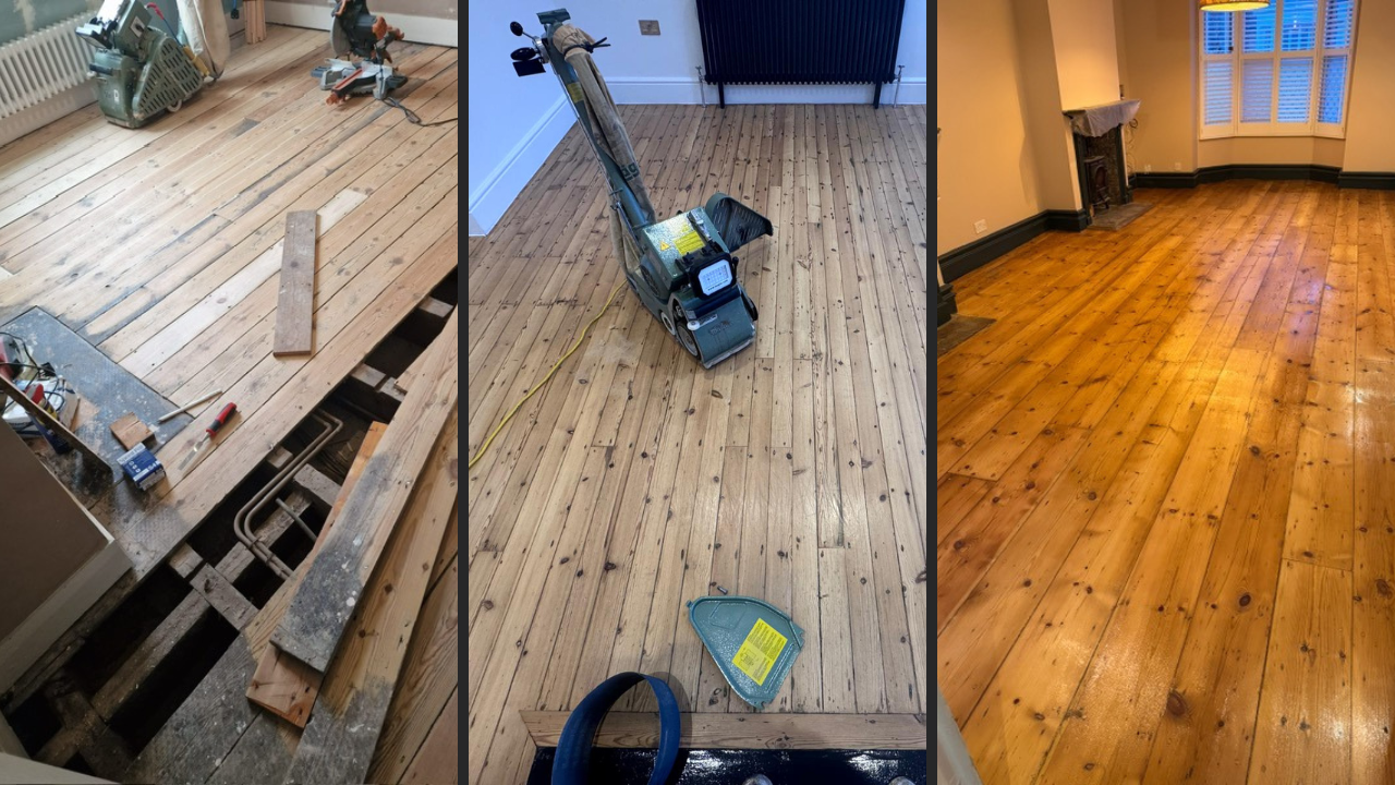 Wood Floor Sanding in Finchley – three-stage view of softwood pine floorboards showing repairs, sanding and final polished finish in a living room.